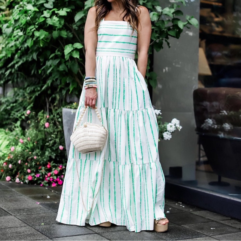 White & Green stripe tier maxi dress, w/pockets & smock back